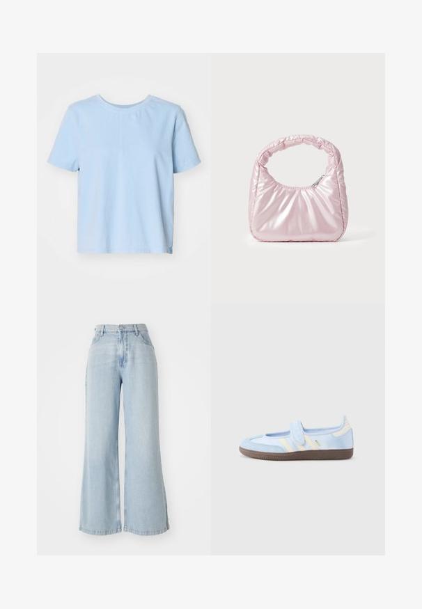 Lyseblå bomulds t-shirt med korte ærmer, rund halsudskæring og lige snit. Har en sideslids for ekstra stil og komfort.; Lyseblå vide jeans lavet af denim. Har høj talje, frontlukning med knap og to sidelommer. Slidt tekstur langs kanterne.; Lyseblå sportssko med velcrolukning, cremefarvede striber på siderne, blødt stofoverdel, tekstureret brun gummisål.; Rosa, polstret håndtaske med afrundet design, lavet af skinnende materiale. Har et samlet håndtag og en lynlås til sikker adgang.