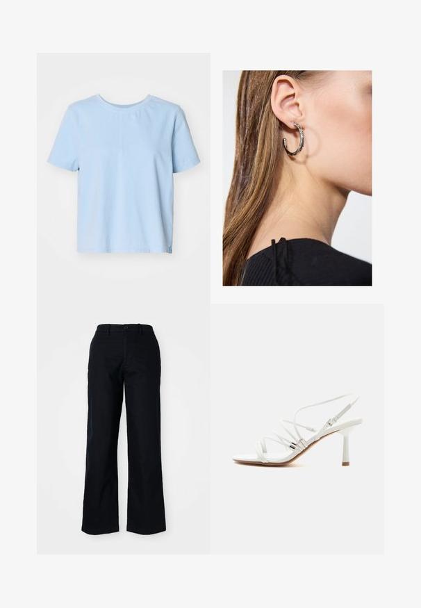 Λαμπερό μπλε βαμβακερό T-shirt με κοντά μανίκια, στρογγυλή λαιμόκοψη και ίσια γραμμή. Διαθέτει πλάγια σχισμή για επιπλέον στυλ και άνεση.; Μαύρο παντελόνι με φαρδιά πόδια από βαμβάκι. Διαθέτει κλείσιμο με κουμπί μπροστά, θηλιές ζώνης και λείου υφάσματος. Χωρίς παρατηρήσιμα σχέδια ή αξεσουάρ.; Άσπρο πέδιλο με λεπτά λουριά και ψηλό τακούνι, ασημένιες λεπτομέρειες, τετράγωνη μύτη και λεπτό μεσαίου ύψους τακούνι σε απλό λευκό φόντο.; Ασημένιο σκουλαρίκι κρίκος με γυαλιστερή φινίρισμα, που διαθέτει μικρές χρυσές λεπτομέρειες και στρογγυλό σχήμα, φορεμένο στον λοβό.