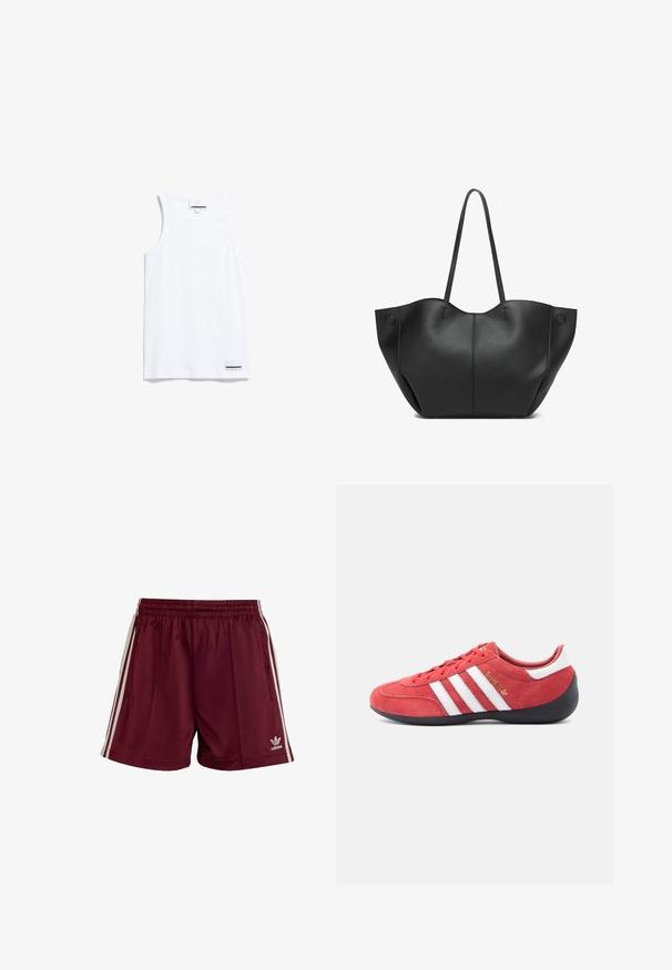 Witte tanktop gemaakt van katoen. Voorzien van brede schouderbanden en een ronde halslijn. Inclusief een klein merkje aan de onderkant links.; Bordeauxkleurige sportshorts met een elastische tailleband, drie witte strepen aan elke kant en een klein wit Adidas-logo aan de onderkant links.; Rode suède sportschoen met wit ontwerp van drie strepen, zwarte rubberen zool en minimalistische vorm. Gouden logodetail aan de zijkant.; Zwarte lederen tote bag met een gestructureerde vorm, dubbele handgrepen en naadloos ontwerp. Heeft een getextureerd oppervlak en accentstiksels.