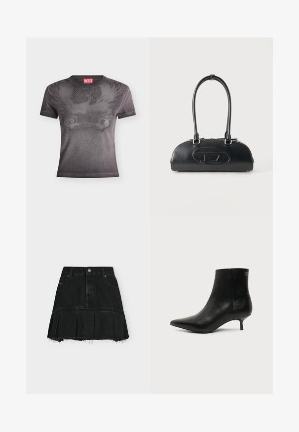 T-shirt noir Diesel à manches courtes avec un motif en relief d'aigle et de flammes ainsi qu'une étiquette rouge avec le logo Diesel au niveau du col.; Mini-jupe en denim noir avec bas plissé, ourlet effiloché, fermeture à boutons et zip devant, et passants pour ceinture sur un fond clair uni.; Bottine en cuir noir avec bout pointu et petit talon kitten sur fond clair, vue côté extérieur.; Sac à main en cuir noir avec longues poignées doubles et logo ovale embossé sur le devant, présenté sur un fond clair uni.