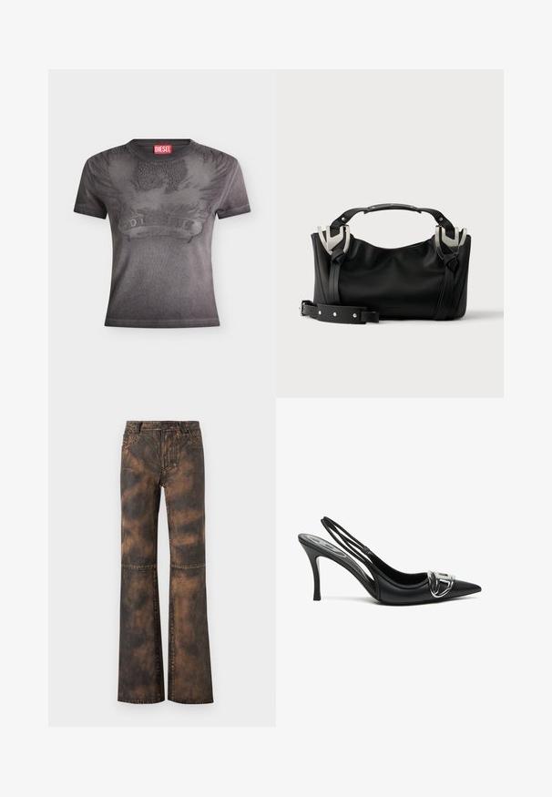 Camiseta negra de manga corta Diesel con diseño en relieve de águila y llama y etiqueta roja con el logo de Diesel en el cuello.; Pantalones de mezclilla marrón acampanados con un acabado desgastado y texturizado. Cuentan con cinco bolsillos, trabillas para cinturón y cierre con botón. Costuras planas y pernera ancha.; Zapatos de tacón alto de charol negros con tira trasera y punta afilada, que presentan un detalle de hebilla plateada brillante y un tacón delgado. Textura de cuero suave, diseño minimalista.; Bolso negro con detalles de hebilla plateada, asa corta y correa de hombro desmontable colocado sobre una superficie blanca.