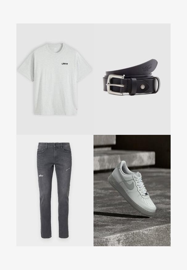Hellgraues T-Shirt mit kurzen Ärmeln und Rundhalsausschnitt, mit kleinem schwarzem Levi's-Logo auf der linken Brustseite und einem roten Etikett am Seitenrand.; Dunkelgraue Jeans aus Denim mit schmalem Schnitt, versehen mit distressed Details und fünf Taschen. Klassisches Design mit subtiler Ausbleichung und geradem Bein.; Weißer Nike Air Force 1 Sneaker, der über einer strukturierten Betonoberfläche schwebt, mit Steinstufen im Hintergrund.; Schwarzer Ledergürtel mit silberner Metallschnalle, einem Druckknopf zur Verstellung und geprägtem Muster auf dem Leder. Gleichmäßige, glatte Textur.