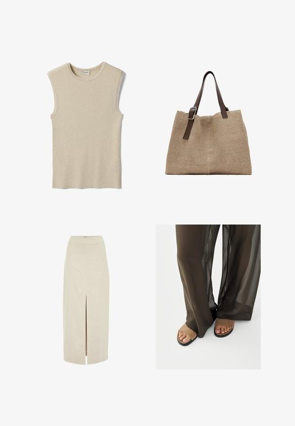 Beigefarbener, gerippter ärmelloser Pullover mit Rundhalsausschnitt und Etikett hinten am Hals.; Helle beige Midi-Rock mit geradem Schnitt und einem mittigen vorderen Schlitz. Aus einem glatten Stoff mit einem verdeckten Reißverschluss auf der Rückseite gefertigt.; Füße in hellbraunen Wildleder-Sandalen mit offenen Zehen, teilweise bedeckt von durchscheinenden, dunkelbraunen, weit geschnittenen Hosen auf weißem Hintergrund.; Beige gewebte Tragetasche mit zwei dunkelbraunen verstellbaren Lederschulterriemen und einer silbernen Schnalle an einem Riemen.