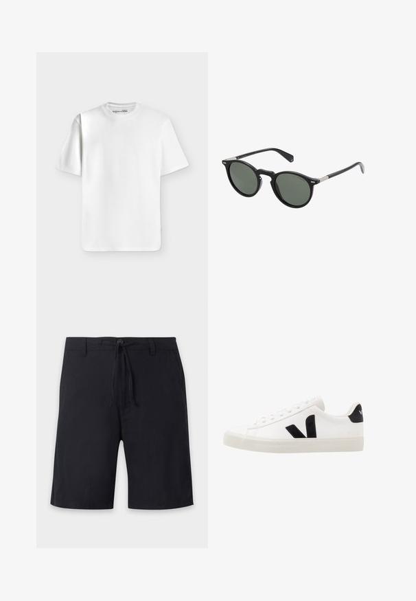 Effen wit T-shirt met korte mouwen en een ronde hals, plat liggend op een lichtgrijze achtergrond met een klein merkje aan de binnenkant van de halslijn.; Zwarte knielange shorts met riemlussen, een knoopsluiting en een verstelbaar trekkoord in de taille.; Witte leren sneaker met zwarte suède accenten; voorzien van een rubberen zool, ronde neus en een klassieke vetersluiting. Zijkant met logo in het zwart.; Ronde zwarte zonnebril met donker groene lenzen, plastic frame en metalen accenten op de tempels. Glad oppervlak, minimalistisch ontwerp.