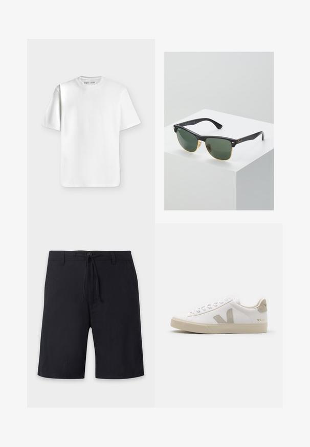 Effen wit T-shirt met korte mouwen en een ronde hals, plat liggend op een lichtgrijze achtergrond met een klein merkje aan de binnenkant van de halslijn.; Zwarte knielange shorts met riemlussen, een knoopsluiting en een verstelbaar trekkoord in de taille.; Witte leren sneaker met beige accenten, platte rubberen zool, ronde neus en contrasterend logo aan de zijkant en achterkant. Vetersluiting.; Ray-Ban zonnebrillen met groene lenzen, zwarte plastic monturen en gouden accenten aan de randen. Vierkante vorm met een matte afwerking.