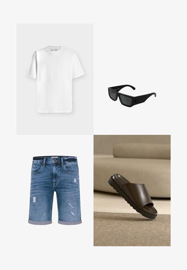 Schlichtes weißes T-Shirt mit kurzen Ärmeln und Rundhalsausschnitt, flach auf einem hellgrauen Hintergrund liegend mit einem kleinen Markenlabel im Halsausschnitt.; Denim-Shorts in Mittelblau mit fransigen Details, umgeschlagenen Säumen, fünf Taschen und einem Metallknopfverschluss. Normale Passform.; Dunkelbraune Lederslide-Sandale mit dicker Sohle auf beigem Teppich vor einem geschwungenen beigen Sofa.; Schwarze, rechteckige Sonnenbrille mit dunklen Gläsern, matter Oberfläche, dicken Bügeln und dezentem Logodetail an der Seite. Betont ein mutiges, modernes Design.