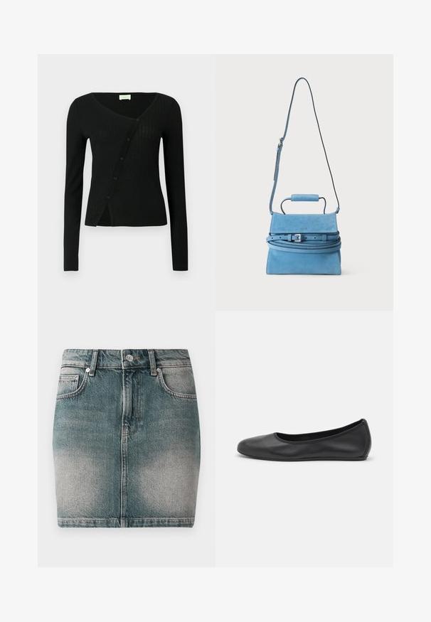 Zwarte geribbelde cardigan met lange mouwen, een V-hals en knoopsluiting aan de voorkant, met een licht getailleerde pasvorm en zachte textuur.; Blauwe denim mini-rok met een voorknop en rits, twee voorzakken en vervaagde details op de dijen.; Zwarte leren ballerina met een ronde neus, gladde textuur, minimale stikdetails en een flexibele zoolontwerp.; Blauwe suède handtas met bovenhengsel, verstelbare lange schouderriem en zilveren gespdetail op de klepsluiting.