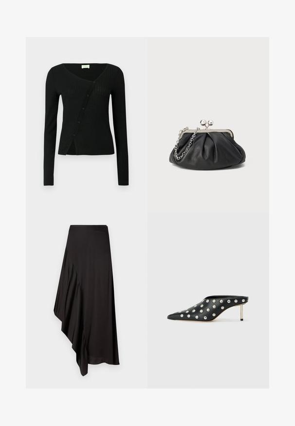 Must varrulise mustriga pikade varrukatega kardigan, millel on V-kaelus ja ees nupuga kinnitamine, veidi kujundatud lõige ning pehme tekstuur.; AERON ASTER SKIRT - Pliiatsseelik - black; STAND STUDIO KELSEY - Kontsaga tagant lahtised kingad - black; Musthave musta nahast käekott, millel on volditud tekstuur, hõbedane metallraam, lukustatud sulgemismehhanism ja kett. Sile ja pehme pind.