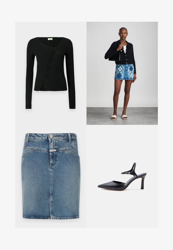Cardigan noir côtelé à manches longues avec un col en V et une fermeture à boutons à l'avant, présentant une coupe légèrement ajustée et une texture douce.; Jupe en denim bleu clair, avec une coupe ajustée, un style cinq poches, une fermeture à boutons sur le devant et des détails de coutures visibles.; Escarpin noir à bout pointu avec fine bride à la cheville et boucle argentée, finition en cuir lisse, chaussure élégante pour femme.; Un cardigan en maille noir, un haut blanc, une jupe en denim avec un motif de diamants bleus et noirs, un sac à main noir et des sandales à enfiler beiges.