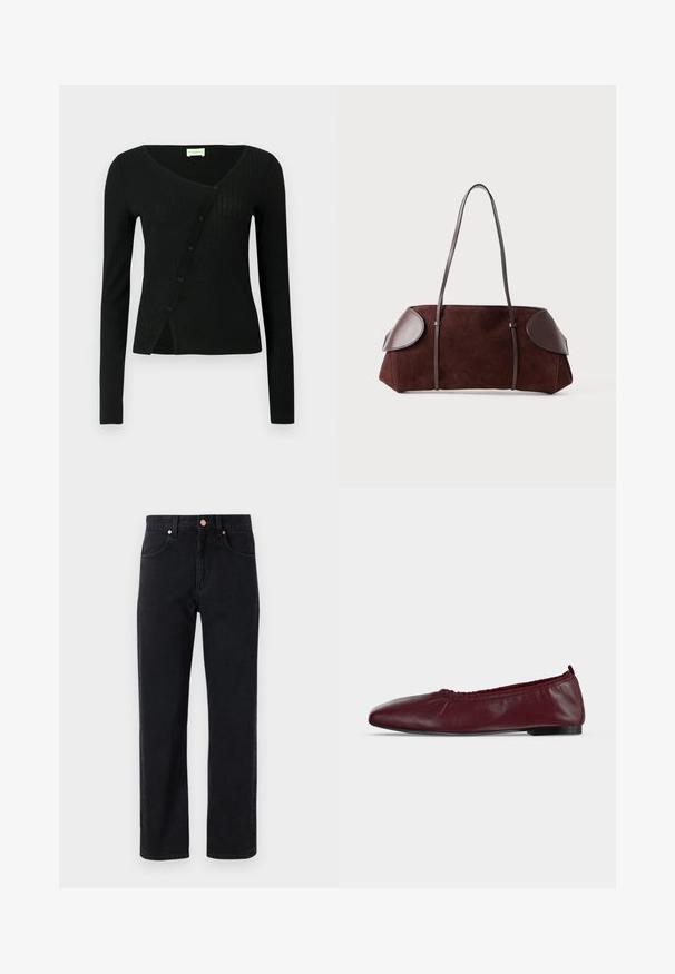 Cardigan noir côtelé à manches longues avec un col en V et une fermeture à boutons à l'avant, présentant une coupe légèrement ajustée et une texture douce.; Jean en denim noir avec une coupe droite, design cinq poches, détails en bouton cuivré et couture minimale visible.; Ballerine plate en cuir bordeaux avec bord supérieur élastique froncé et fine semelle noire sur fond blanc.; Sac en daim marron avec des accents en cuir, forme structurée, double poignées, bords arrondis, présentant une texture lisse et un matériel minimal.