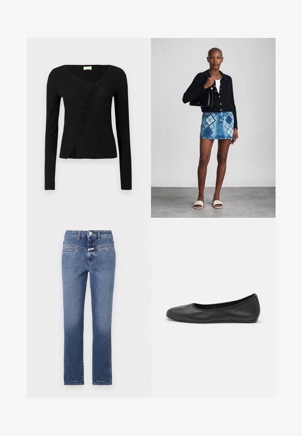 Zwarte geribbelde cardigan met lange mouwen, een V-hals en knoopsluiting aan de voorkant, met een licht getailleerde pasvorm en zachte textuur.; Denim jeans in een middelblauwe wassing, met rechte pijpen, voorzien van een middelhoge tailleband, vijf zakken en subtiele stikdetails.; Zwarte leren ballerina met een ronde neus, gladde textuur, minimale stikdetails en een flexibele zoolontwerp.; Zwarte gebreide cardigan, witte top, denimrok met blauw en zwart ruitpatroon, zwarte handtas en beige instapsandalen.