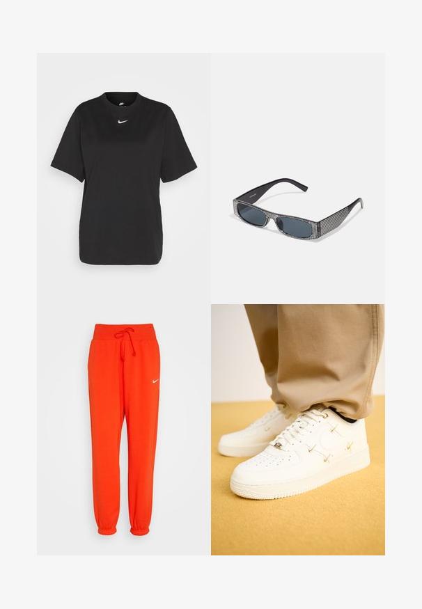 Zwarte katoenen t-shirt met korte mouwen, ronde hals en een witte Nike swoosh logo op de borst. Eenvoudig, ontspannen ontwerp.; Nike Sportswear W PHNX FLC HR OS - Trainingsbroek - picante red/sail; Witte leren sneakers met geperforeerde neus, gouden accenten en platte veters, gecombineerd met beige broek op een gestructureerde gele ondergrond.; Zwarte zonnebril met grijze lenzen, versierd met een rasterpatroon van kleine metalen strass-steentjes langs het montuur. Gladde afwerking, hoekig ontwerp.