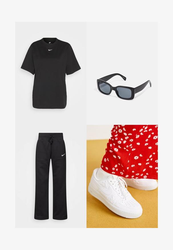 Zwarte katoenen t-shirt met korte mouwen, ronde hals en een witte Nike swoosh logo op de borst. Eenvoudig, ontspannen ontwerp.; Zwarte sweatpants van een katoenmix, voorzien van een tailleband met koord, rechte pijpen, en een wit Nike-logo aan de linkerzijde.; Witte leren sneakers met bloemige reliëfaccenten, ronde neus en een gestructureerde rubberen zool. In combinatie met rode broek met witte bloemenprint.; Zwarte rechthoekige zonnebril met donkere getinte lenzen, een dik plastic montuur en brede scharnieren. Glad oppervlak en hoekig ontwerp.