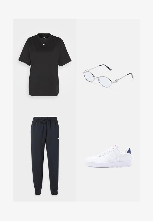 Camiseta de algodón negra con mangas cortas, cuello redondo y un logo blanco de Nike en el pecho. Diseño simple y relajado.; Pantalones de chándal negros Nike con cinturilla elástica y cordón, piernas ajustadas, tobillos con puños y pequeño logo blanco de Nike en el muslo derecho.; Zapatilla blanca de caña baja con perforaciones en la puntera, cordones blancos, un logo swoosh blanco y una lengüeta en el talón de color azul oscuro.; Gafas ovaladas de metal plateado con lentes transparentes, que cuentan con acentos decorativos en los laterales y puntas negras en las patillas para mayor agarre y comodidad.
