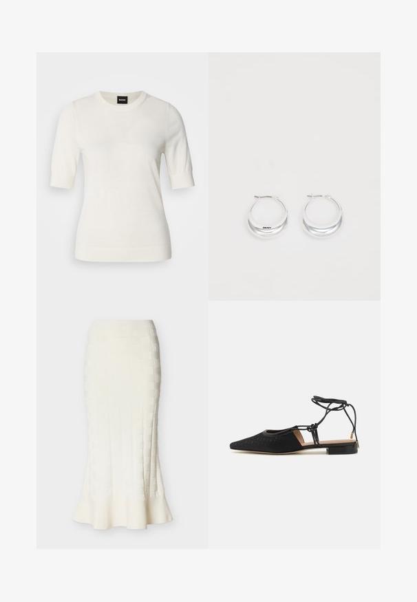 Pull blanc à manches courtes en tissu tricoté doux, encolure ronde et poignets côtelés. Présente une texture lisse sans motifs.; Jupe crayon midi blanche avec motif carré texturé et détail à ourlet évasé sur fond neutre.; Chaussure plate noire avec un bout pointu, dessus texturé, liens autour de la cheville et un petit talon carré. Présente un motif subtil sur le matériau.; Boucles d'oreilles en argent avec une finition polie et un branding DKNY, présentées sur un fond blanc uni.