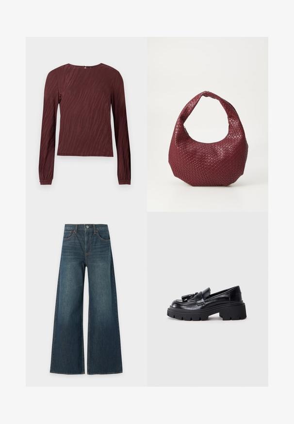 Bordeaux langærmet top med en subtil bølget mønsterstruktur, rund halsudskæring og sammensnørede håndled. Synlig lukning bagpå.; Blå bredbenede denimjeans med fem lommer, knaplukning og synlige brune syninger, vist fladt på en hvid baggrund.; Sorte læder loafers med en klumpet, bølget sål, der har en dekorativ kvast på forsiden og en glat, blank overflade.; Vævet bordeaux håndtaske med en rund silhuet, et enkelt håndtag og en tekstureret overflade. Lynlåslukning øverst.
