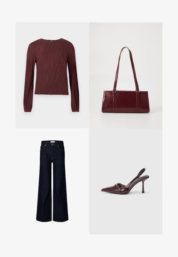 Bordeaux langærmet top med en subtil bølget mønsterstruktur, rund halsudskæring og sammensnørede håndled. Synlig lukning bagpå.; Mørkeblå bredbenede denimjeans med frontknap og lynlås, bæltestropper og frontlommer, vist på en hvid baggrund.; Bourgogne laklæder slingback-hæl med spids tå, tynd ankelrem og lille dekorativ spænde. Glat tekstur og høj hæl.; Bordeaux håndtaske lavet af glansfuldt materiale, rektangulær form, med to skulderremme og subtile buede detaljer på forsiden.
