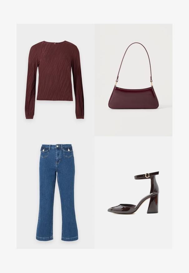 Haut à manches longues bordeaux avec une texture à motif ondulé subtil, encolure ronde et poignets froncés. Détail de fermeture au dos visible.; Jean bleu en denim taille haute, évasé, avec coutures surpiquées, deux poches avant et une fermeture à bouton. Texture douce, longueur standard.; Chaussure à talon haut en cuir verni marron foncé avec bout pointu, talon bloc et bride de cheville réglable avec boucle dorée.; Sac à main brillant bordeaux foncé avec une anse fine unique et une forme trapézoïdale élégante sur un fond clair uni.