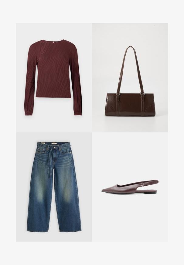 Bordeaux langmouwtop met een subtiele golfpatroon textuur, ronde halslijn en gegatherde polsen. Detail van de sluiting achteraan zichtbaar.; Denim wide-leg jeans in donkerblauw met een vervaagd ontwerp, voorzien van een trekkoord in de taille en vijf zakken.; Bordeauxrode platte slingback schoen met puntige neus, lage hak en verstelbare band, op witte achtergrond.; Bruine lakleren handtas met een rechthoekige vorm, twee lange handvatten en subtiele gebogen accenten aan de voorkant.