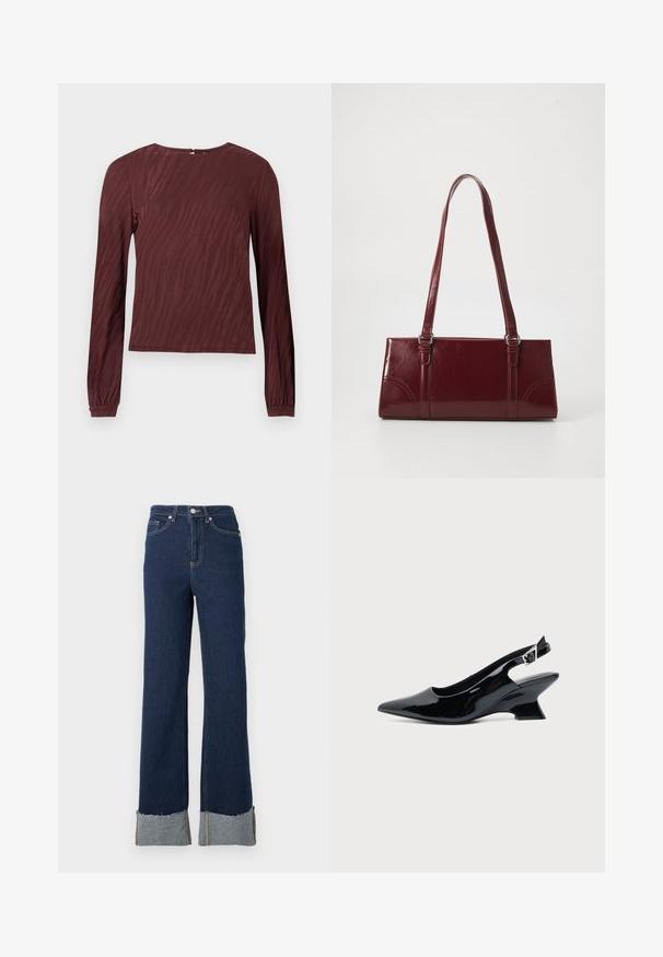 Bordeaux langærmet top med en subtil bølget mønsterstruktur, rund halsudskæring og sammensnørede håndled. Synlig lukning bagpå.; Mørkeblå denim flare jeans med høj talje, med rå kant og lettere denimopstykkede detaljer ved anklerne. Sølvknaplukning.; Sort laklæder slingback sko med spids tå og lav vinklet blokhæl på ensartet lys baggrund.; Bordeaux håndtaske lavet af glansfuldt materiale, rektangulær form, med to skulderremme og subtile buede detaljer på forsiden.