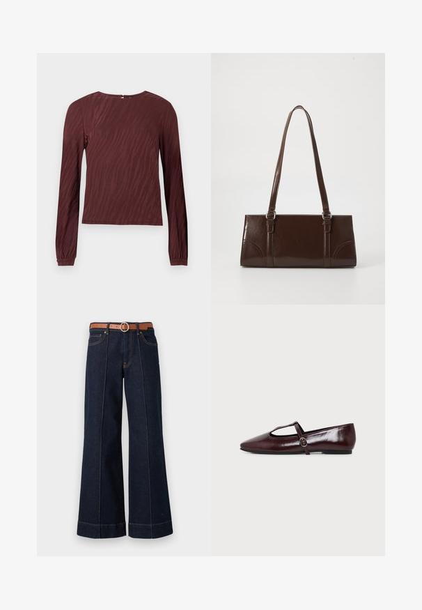 Bordeaux langmouwtop met een subtiele golfpatroon textuur, ronde halslijn en gegatherde polsen. Detail van de sluiting achteraan zichtbaar.; Donkerblauwe denim wijde pijpen jeans met een hoge taille, een brown riem en zichtbare stikseldetails. Bevat voorzakken en heeft een relaxed fit.; Donker bordeauxrode leren platte schoen met een puntige neus en een dunne T-strap met een zilveren gesp op een witte achtergrond.; Bruine lakleren handtas met een rechthoekige vorm, twee lange handvatten en subtiele gebogen accenten aan de voorkant.