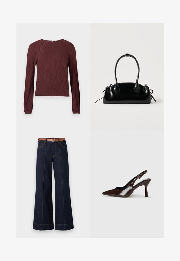 Bordeaux langmouwtop met een subtiele golfpatroon textuur, ronde halslijn en gegatherde polsen. Detail van de sluiting achteraan zichtbaar.; Donkerblauwe denim wijde pijpen jeans met een hoge taille, een brown riem en zichtbare stikseldetails. Bevat voorzakken en heeft een relaxed fit.; Bruine gepatineerde leren slingback pumps met een spitse neus, een dunne hak en een verstelbaar bandje met een kleine gesp.; Kleine zwarte glanzende handtas met twee lange hengsels en zijkant trekkoord details op een effen lichte achtergrond.