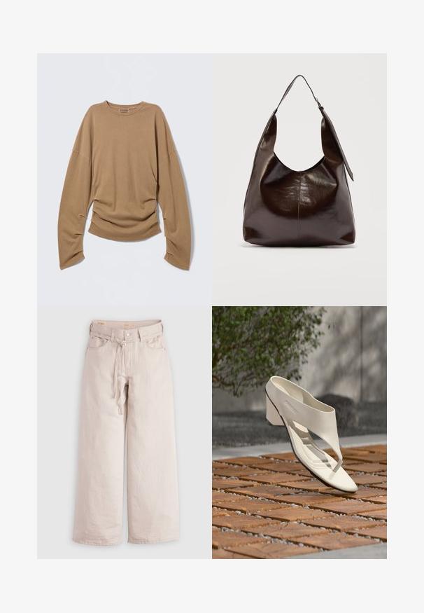 Brun langærmet skjorte lavet af blødt stof. Har en løs pasform, rund halsudskæring og draperede detaljer i siderne.; Lyse beige, vide denimbukser med knaplukning, bæltestropper og forlommer. Glat tekstur med en afslappet pasform.; Hvid læderhæl sandal med bred rem og tåpost, vist udendørs på en overflade med træ og grusfliser med grønt i baggrunden.; Mørkebrunt, skinnende læder skuldertaske med en enkelt bred rem og spændedetalje på den ene side, sat mod en ensartet lys baggrund.