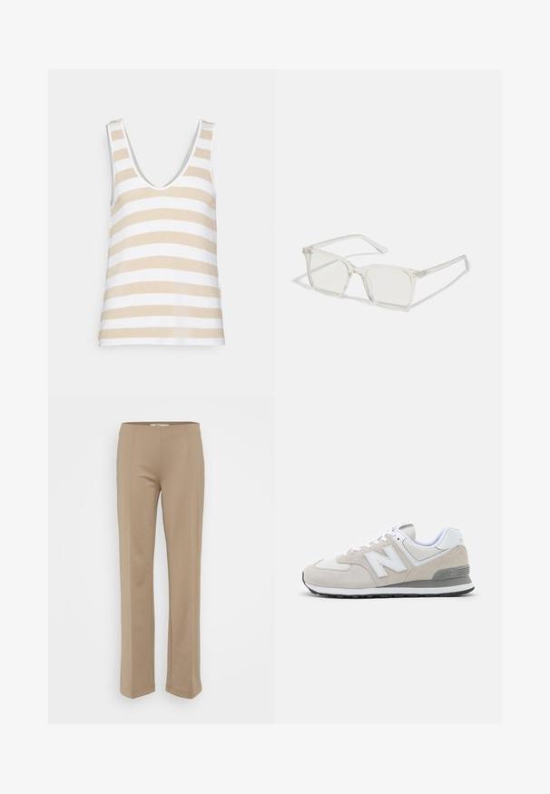 ONLY ONLNEWLIRA V NECK - Μπλούζα - irish cream cloud dancer; Μπεζ, κομμένα παντελόνια με ίσια πόδια. Κατασκευασμένα από μαλακό ύφασμα, με εμφανείς ραφές και λείο ζωνάκι.; Ανοιχτό μπεζ αθλητικά παπούτσια κατασκευασμένα από ένα συνδυασμό σουέντ και πλέγματος. Ο σχεδιασμός διαθέτει ένα έντονο λευκό λογότυπο και γκρι λεπτομέρειες. Καουτσούκ σόλα.; Διάφανα πλαστικά γυαλιά με τετράγωνους σκελετούς και διαφανείς φακούς, με χρυσές λεπτομέρειες στους βραχίονες για επιπλέον στυλ.