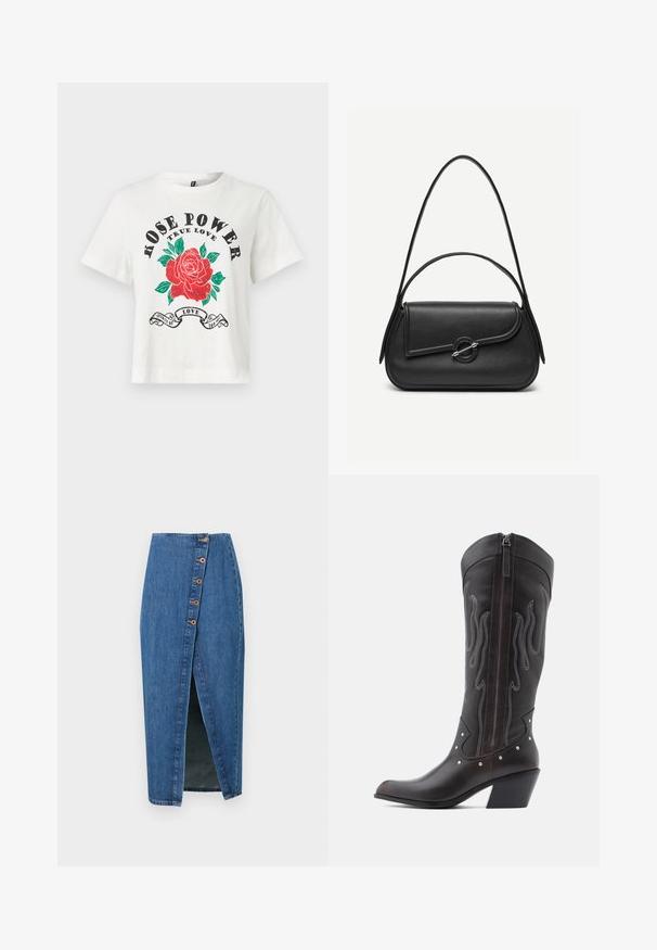 Weißes Baumwoll-T-Shirt mit kurzen Ärmeln, rundem Ausschnitt und einem Frontgrafik eines roten Herzens mit grünen Blättern und dem Text "ROSE POWER TRUE LOVE" in Schwarz.; Denim-Bleistiftrock in Mittelblau mit einem Schlitz vorne, ausgestattet mit sechs braunen Knopf-Akzenten entlang der Seitennaht. Glatte Textur und taillierte Passform.; Braune Cowboy-Stiefel aus Leder mit Flammenstickerei, seitlichem Reißverschluss, silbernen Nieten, spitzer Zehenpartie und geschichtetem Absatz.; Schwarze Lederhandtasche mit abgerundeten Kanten, asymmetrischem Überschlag, metallfarbenem runden Verschluss und kurzen sowie langen Schulterriemen.