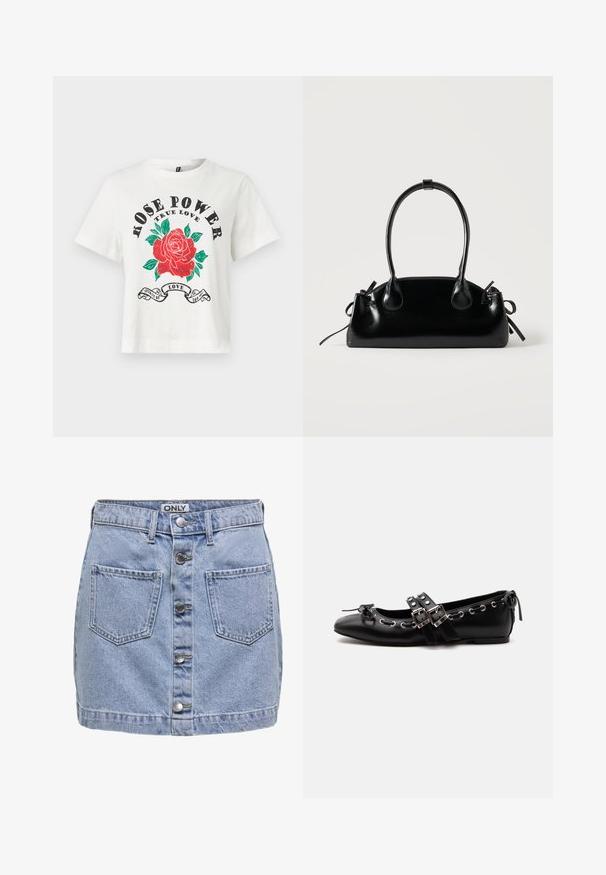 Hvid bomulds T-shirt med korte ærmer, rund udskæring og et frontgrafik af en rød rose med grønne blade og teksten "ROSE POWER TRUE LOVE" i sort.; Lys blå denim mini-sundress med fem knapper foran, to påsyede lommer, og en let slidt struktur. Mærket hedder "ONLY."; Sort flad balletsko med dobbelt spænde, sølvøjer og en lille sløjfe nær den runde tå på en hvid baggrund.; Lille sort blank håndtaske med to lange håndtag og snøre-detaljer i siden på en ensfarvet lys baggrund.