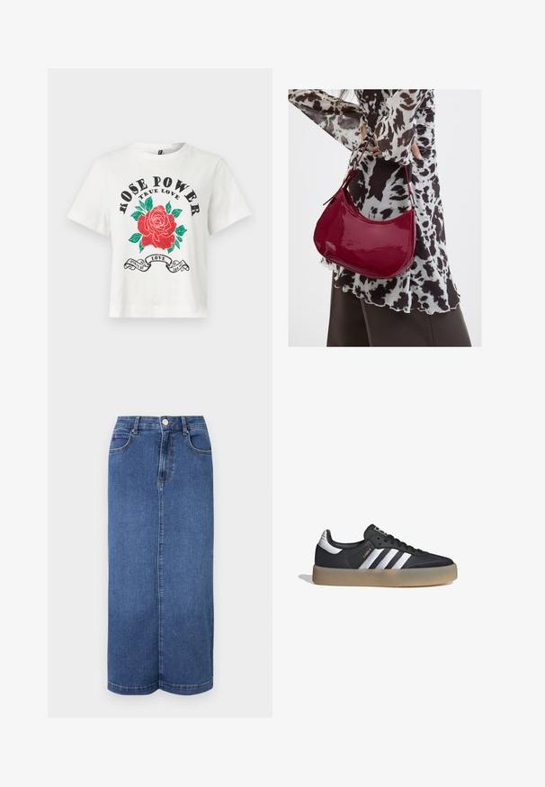 Camiseta de algodón blanca con mangas cortas, escote redondo y un gráfico frontal de una rosa roja con hojas verdes y el texto "ROSE POWER TRUE LOVE" en negro.; Falda larga de mezclilla en azul oscuro, con corte recto, cinturilla con cierre de botón y detalles de costura mínimos.; Zapatilla deportiva de cuero negro con tres rayas plateadas, punta texturizada y suela de goma. Cuenta con un collar acolchado y un diseño con cordones.; Mujer con blusa de estampado en blanco y negro sosteniendo un bolso de hombro rojo brillante sobre un fondo liso.