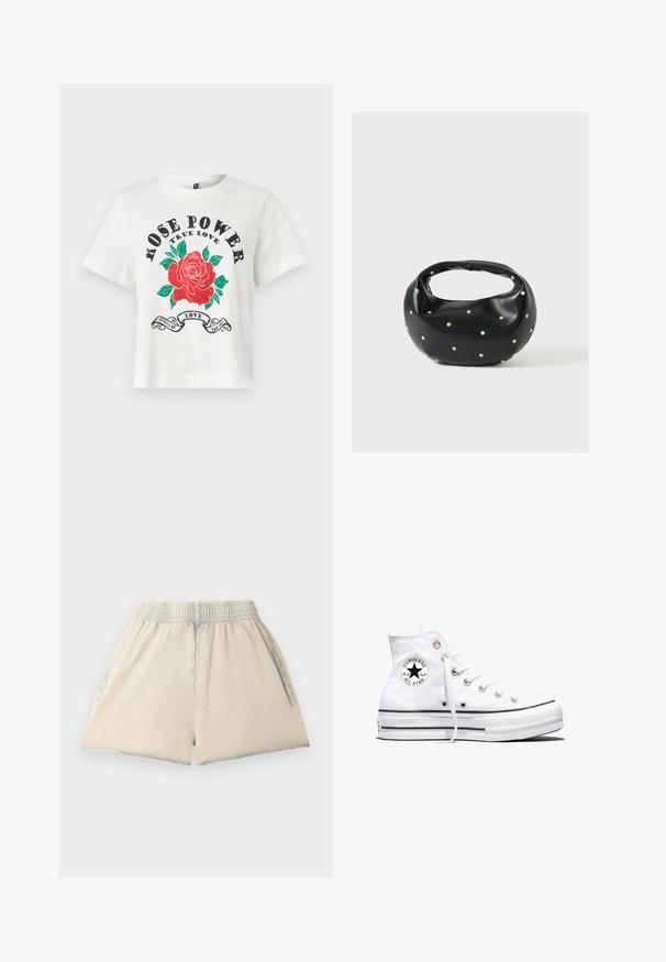 Camiseta de algodón blanca con mangas cortas, escote redondo y un gráfico frontal de una rosa roja con hojas verdes y el texto "ROSE POWER TRUE LOVE" en negro.; Pantalones cortos de algodón color beige claro con cintura elástica, dos bolsillos laterales y un corte holgado. La tela tiene una textura suave y una forma relajada.; Zapatilla blanca de caña alta Converse Chuck Taylor All Star con parche de logo negro y cordones blancos, presentada sobre fondo blanco.; Bolso de mano de cuero negro con forma redondeada, decorado con detalles de tachuelas plateadas y un asa corta. Textura lisa y cierre con cremallera.