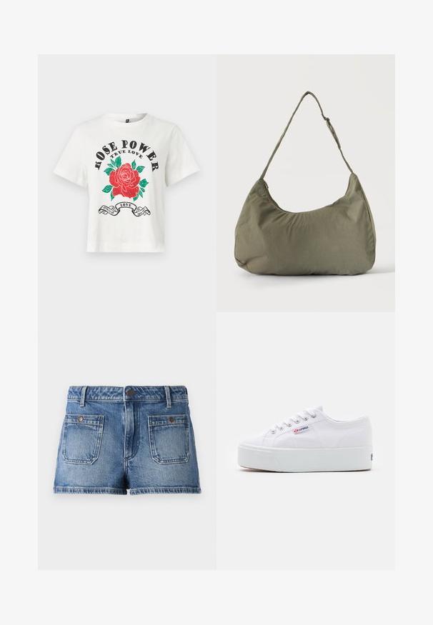 Camiseta de algodón blanca con mangas cortas, escote redondo y un gráfico frontal de una rosa roja con hojas verdes y el texto "ROSE POWER TRUE LOVE" en negro.; Pantalones cortos de mezclilla en azul claro con un acabado desvaído, diseño de cinco bolsillos, dos bolsillos frontales, dos bolsillos traseros y una cintura con botón.; Zapatilla de lona blanca con una gruesa suela de plataforma blanca, punta redonda y ojales de metal para los cordones. Logotipo de la marca mostrado en el lateral.; Bolso de hombro de tela suave color verde oliva con cierre de cremallera y correa ajustable sobre un fondo liso y claro.