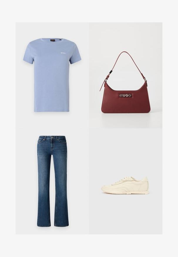 Hellblaues Baumwoll-T-Shirt mit kurzen Ärmeln, Rundhalsausschnitt und weiß gesticktem BOSS-Logo auf der linken Brust. Glatte Textur, lässige Passform.; Dunkelblaue Denim-Jeans mit einem ausgestellten Bein-Design, das subtile Auswaschungen und abgenutzte Details in der Nähe der Oberschenkel- und Kniebereiche aufweist.; Niedrig geschnittener, cremefarbener Sneaker mit wellenförmiger Naht, Schnürverschluss und einer profilierten Sohle, seitlich auf einem einfarbigen Hintergrund dargestellt.; Kleine rechteckige burgunderfarbene Lederhandtasche mit verstellbarem Riemen und silberner "HUGO"-Logoplatte auf der Vorderseite.