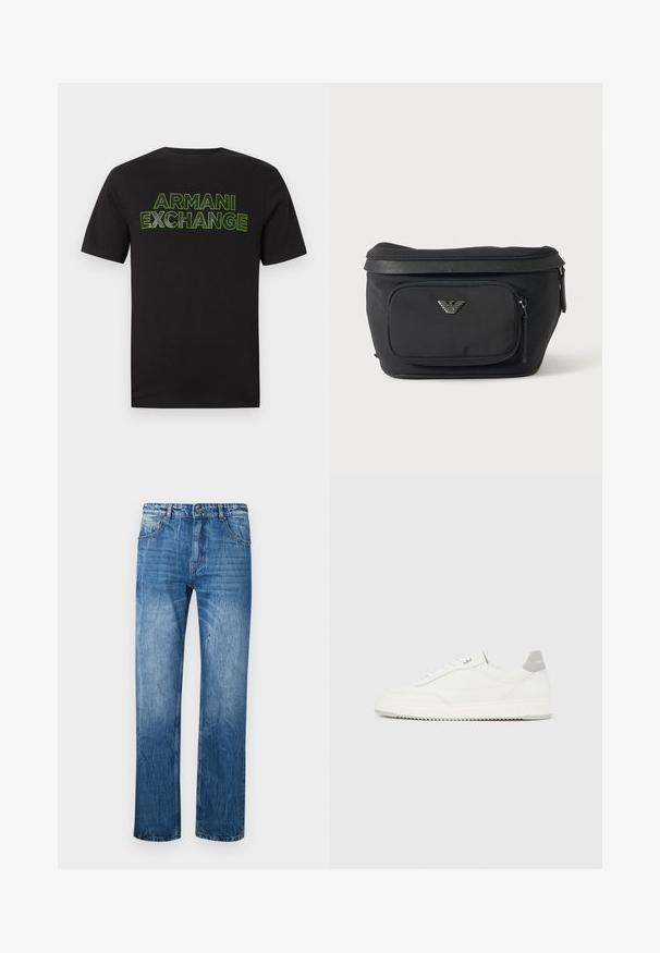 Sort t-shirt med korte ærmer og neongrønt konturtegn "ARMANI EXCHANGE" tekst på brystet mod en helt hvid baggrund.; Blå denim jeans med lige fit, der har fem lommer, bæltestropper og subtilt slid på stoffet.; Hvid lavtop-sneaker med gråt hælflig, hvide snørebånd og tekstureret sål, vist på en ensfarvet lys baggrund.; Sort bæltetaske med frontlynlåslomme og sølv ørn-logo, glat stof med tekstureret kant og lynlåstræk.