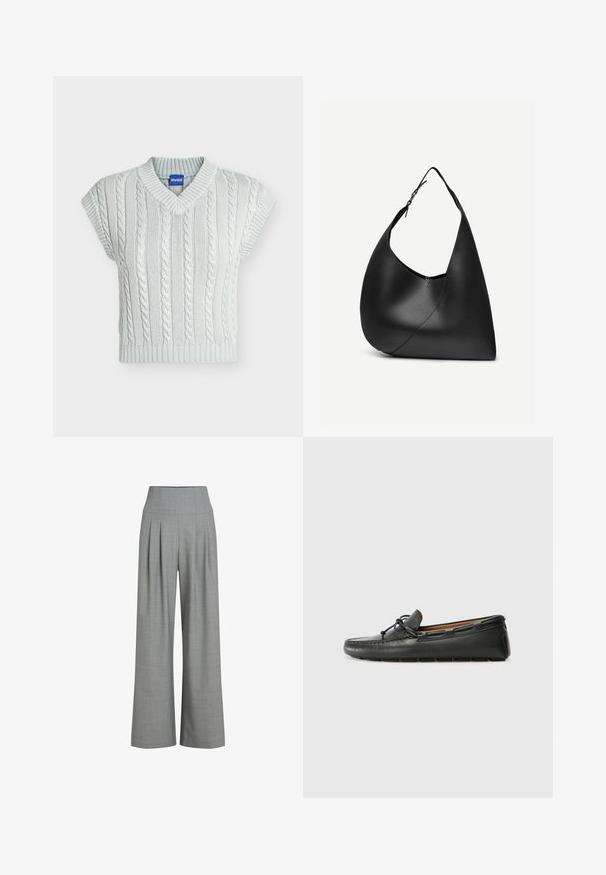 Gilet sans manches gris clair en maille torsadée avec col en V et ourlet côtelé, avec une petite étiquette bleue « HUGO » au niveau du col.; Pantalons larges plissés gris avec une taille haute, fabriqués à partir d'un tissu texturé, présentant une finition lisse et des lignes épurées.; Bateau en cuir noir avec un bout arrondi, des détails de couture, un petit accent en nœud et une semelle en caoutchouc. Texture lisse et design épuré.; Sac à épaule en cuir noir avec forme triangulaire incurvée, une seule sangle ajustable, et une couture diagonale visible à l'avant.