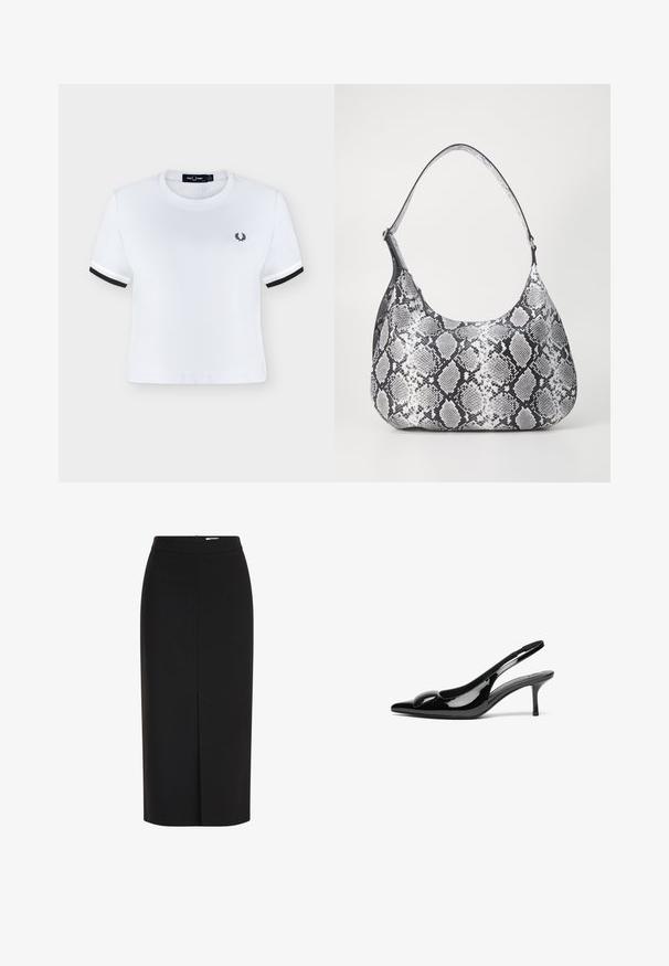 T-shirt court blanc avec une bordure noire aux manches et un petit logo noir de couronne de laurier sur la poitrine gauche, col rond.; Jupe crayon midi noire taille haute avec une fente frontale et une fermeture éclair dissimulée sur fond blanc.; Escarpins slingback en cuir verni noir avec un bout pointu et une finition brillante. Présente un talon fin et un accent arrondi au dessus du pied.; Sac à épaule en simili cuir noir et blanc avec imprimé serpent, de forme arrondie, texture lisse et bandoulière incurvée. Présente un accent en matériel argenté.