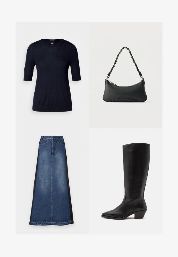 Marineblå kortærmet sweater lavet af let strikket stof. Har en rund halsudskæring og ribbede kanter for en tætsiddende look.; Maxi nederdel i denim med en blå hovedfarve og sorte sidepaneler, lige pasform, frynset kant og klassisk femlomme-design.; Sort læderstøvle til midtkalv med spids tå og lavt skråt hæl på en enkel lys baggrund.; Sort skuldertaske i læder med en buet rektangulær form, gyldent kæde vævet ind i en flettet sort rem og toplynlås.