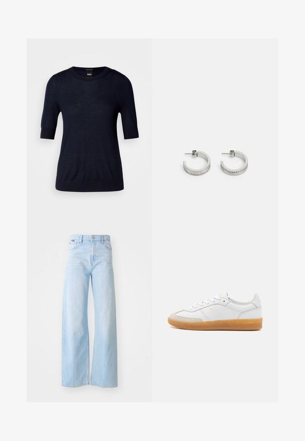 Suéter cortos de manga en azul marino, confeccionado con un tejido de punto ligero. Presenta un escote redondo y un dobladillo acanalado para un ajuste ceñido.; Jeans de pierna ancha azul claro fabricados en denim, con cintura alta, bolsillos frontales, cierre de botón y detalles de dobladillo cosido.; Zapatilla de cuero blanca con acentos de ante beige, suela de goma y diseño de cordones. Presenta un sutil logo en dorado.; Pendientes de aro plateados con una superficie lisa y una fila de pequeñas piedras transparentes a lo largo del borde inferior, con cierre de perno.