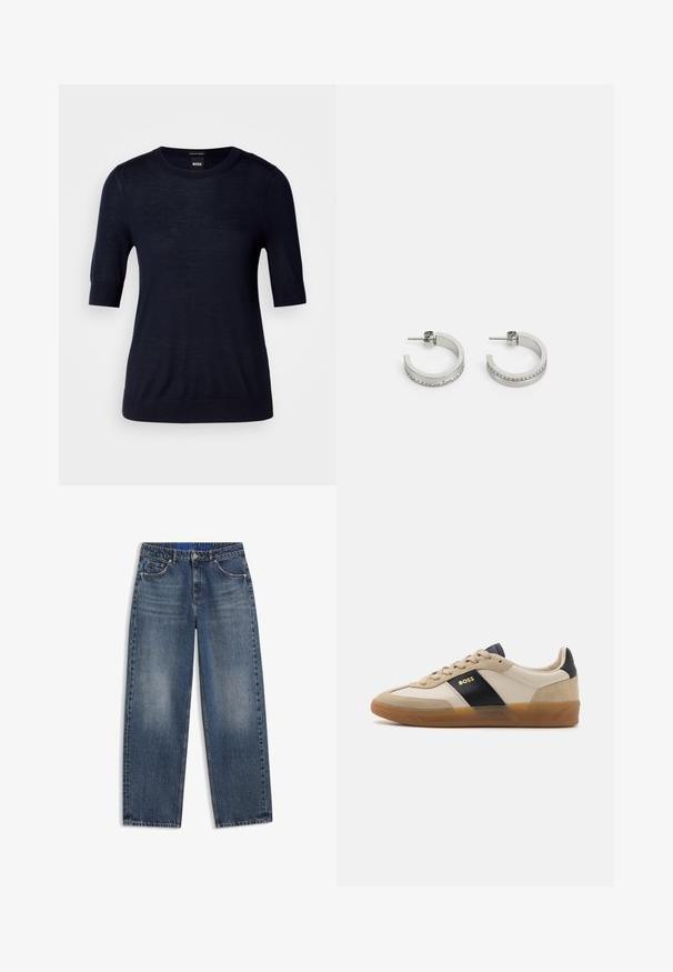 Pull bleu marine à manches courtes en tissu tricot léger. Il présente un col rond et une finition côtelée pour un look ajusté.; Jean en denim bleu coupe droite, poches avant, passants de ceinture et légère décoloration sur les cuisses et les genoux sur fond blanc.; BOSS BRENTA - Baskets basses - medium beige; Boucles d'oreilles en argent en forme de créoles présentant une surface lisse et une rangée de petites pierres claires le long du bord inférieur, avec une fermeture à tige.