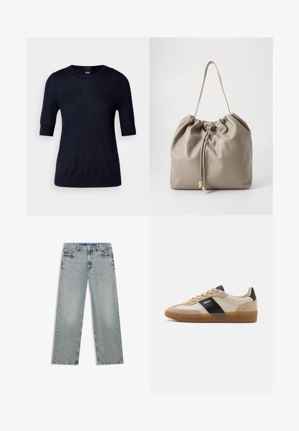 Pull bleu marine à manches courtes en tissu tricot léger. Il présente un col rond et une finition côtelée pour un look ajusté.; Jean large bleu clair en denim, avec des zones délavées, cinq poches et une ceinture bleue à logo.; BOSS BRENTA - Baskets basses - medium beige; Sac à main en cuir beige doux avec un haut froncé et une bandoulière ajustable, comportant deux extrémités de cordon pendantes avec des embouts en métal doré.