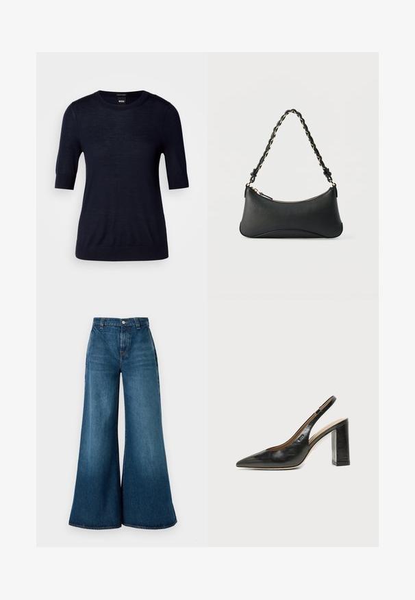 Marineblå kortærmet sweater lavet af let strikket stof. Har en rund halsudskæring og ribbede kanter for en tætsiddende look.; Bredde ben denim jeans i mørkeblå vask, med høj talje, frontknaplukning og klassisk fem-lomme design. Glat tekstur.; Sort læder peep-toe slingback sko med høj blokhæl og beige indvendig foring mod en ensfarvet lys baggrund.; Sort skuldertaske i læder med en buet rektangulær form, gyldent kæde vævet ind i en flettet sort rem og toplynlås.