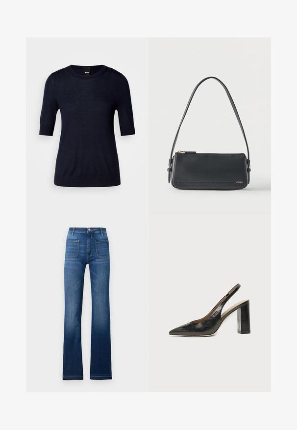 Marineblå kortærmet sweater lavet af let strikket stof. Har en rund halsudskæring og ribbede kanter for en tætsiddende look.; Blå denim flared jeans med fem lomme-design, knaplukning og synlige sømme langs sømmene, med en let falmet finish.; Sort læder peep-toe slingback sko med høj blokhæl og beige indvendig foring mod en ensfarvet lys baggrund.; Sort rektangulær skuldertaske i læder med guld lynlås og lille guld "HUGO"-logo på fronten, med justerbar strop med spænde.