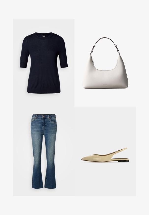 Marineblauwe trui met korte mouwen, gemaakt van lichtgewicht gebreide stof. Kenmerkt zich door een ronde halslijn en een geribbelde zoom voor een aansluitende pasvorm.; Denim flare jeans in een medium blauwe was, met een hoge taille, vijf zakken en subtiele wassing aan de voorkant.; Beige platte slingback schoen met puntige neus, lage zwarte hak en een glad leren afwerking, zijaanzicht op een effen achtergrond.; Romige Calvin Klein leren schoudertas met gebogen bovenrand, zilveren rits en donkerbruine verstelbare riem.