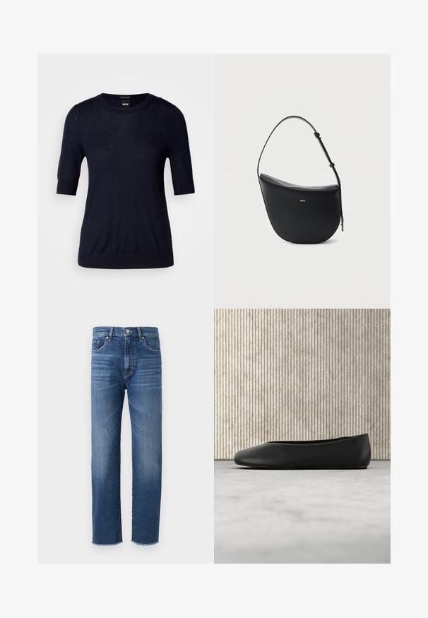 Marineblauwe trui met korte mouwen, gemaakt van lichtgewicht gebreide stof. Kenmerkt zich door een ronde halslijn en een geribbelde zoom voor een aansluitende pasvorm.; Blauwe denim jeans met een recht gesneden ontwerp, voorzien van een vervaagde afwerking, vijf zakken en een rafelige zoom.; Zwarte leren balletflat met een afgeronde neus, een gladde textuur en een gouden logoaccent aan de zijkant. Geplaatst boven een reflecterend oppervlak.; Zwarte halfmaansvormige leren schoudertas met verstelbare riem en goudkleurig "BOSS"-logo middenvoor.