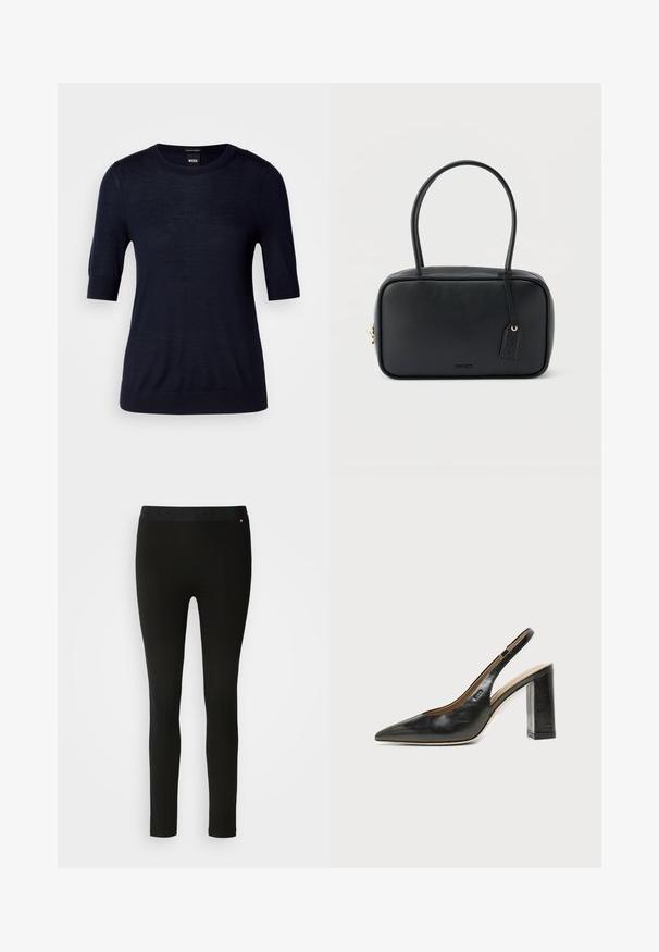 Navyblaues Kurzarm-Pullover aus leichtem Strickstoff. Mit Rundhalsausschnitt und geripptem Saum für eine schmale Passform.; Schwarze Leggings mit glatter Textur, ausgestattet mit einem flexiblen Bund und dezenten Nahtdetails. Keine Muster oder Hardware vorhanden.; Schwarzer Leder-Slingback-Schuh mit spitzer Kappe, hohem Blockabsatz und beigegefüttertem Innenraum vor hellem, einfarbigem Hintergrund.; Schwarze rechteckige Handtasche mit doppelten, abgerundeten Griffen, goldfarbenem Reißverschluss und geprägtem „HUGO“-Logo auf der Vorderseite sowie angebrachtem Lederanhänger.