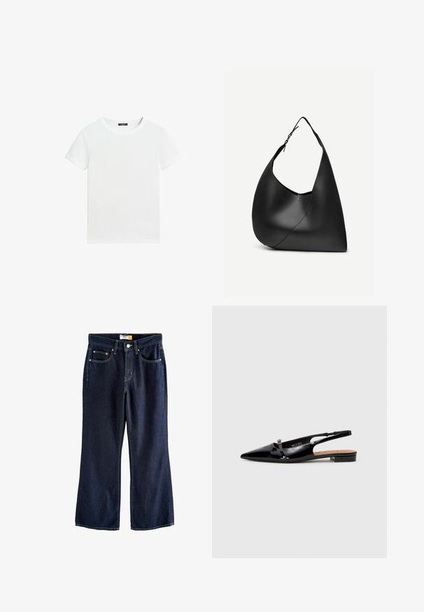 Almindelig hvid T-shirt med korte ærmer, rund halsudskæring og lille sort label inden i kraven.; Next PETITE FIT - Flared jeans - rinse; Sorte patenterede læderslipsko med spids tå, minimalistisk design, lille hæl og sølvfarvet spænde på remmen.; Sort læder skuldertaske med buet trekantet form, enkelt justerbart rem og synlig diagonal søm foran.