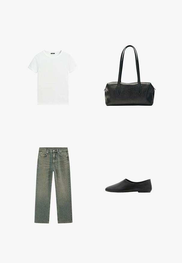 Almindelig hvid T-shirt med korte ærmer, rund halsudskæring og lille sort label inden i kraven.; Straight-leg falmede grønne denimjeans med frontknap, lynlås, bæltestropper og fem lommer lagt fladt på hvid baggrund.; Sorte minimalistiske flade sko med rund mandelformet tå og lav hæl, glat læderoverdel, slip-on stil.; Sort rektangulær læderhåndtaske med to lange skulderstropper og en lynlåslukning øverst.