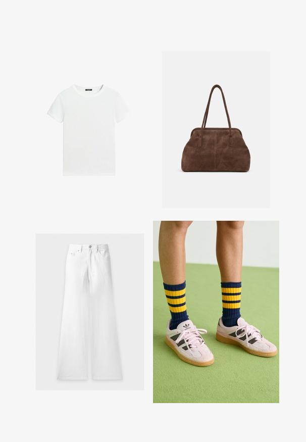 Effen wit T-shirt met korte mouwen, een ronde hals en een klein zwart labeltje aan de binnenkant van de kraag.; Witte jeans met hoge taille en wijde pijpen, met riemlussen, knoop aan de voorkant, ritssluiting en twee voorzakken, plat op een witte achtergrond gelegd.; Lichtroze suède sneakers met zwarte strepen en rubberen gummizolen, gecombineerd met marineblauwe en gele gestreepte rib sokken. Groene gestructureerde vloer.; Bruine suède schoudertas met twee lange bandjes en een zachte, licht afgeronde rechthoekige vorm tegen een effen achtergrond.