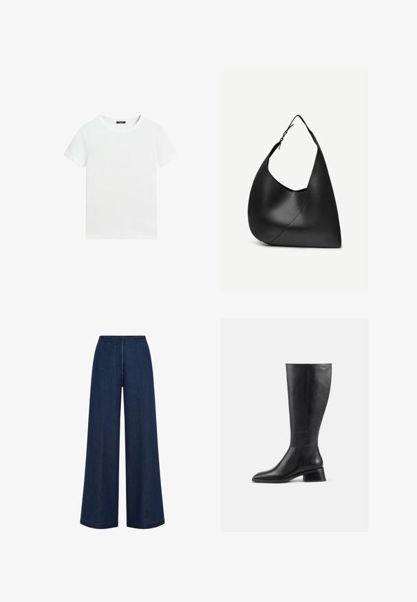 Effen wit T-shirt met korte mouwen, een ronde hals en een klein zwart labeltje aan de binnenkant van de kraag.; Brede donkerblauwe jeans met een rechte snit, gemaakt van denim. Heeft een hoge tailleband en subtiele naden. Geen zichtbare hardware.; Zwarte leren laars tot de knie met een ronde neus en een lage blokhak. Heeft een gladde textuur en minimale stikdetails.; Zwarte leren schoudertas met gebogen driehoekige vorm, enkele verstelbare riem en zichtbare diagonale naad aan de voorkant.